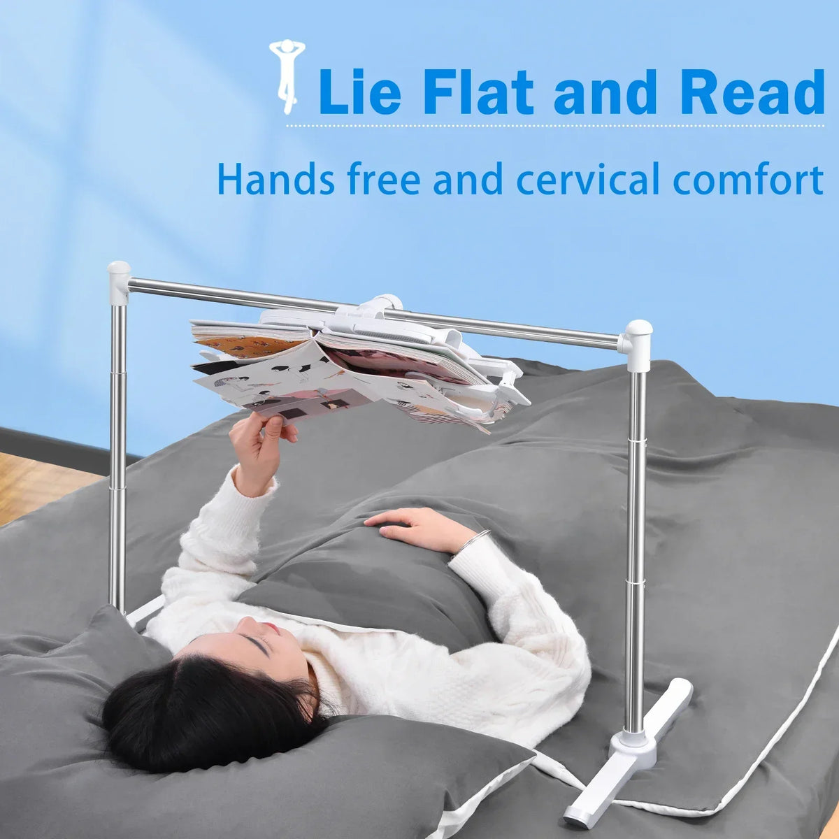 Person reading a magazine hands-free while lying flat using the book stand
