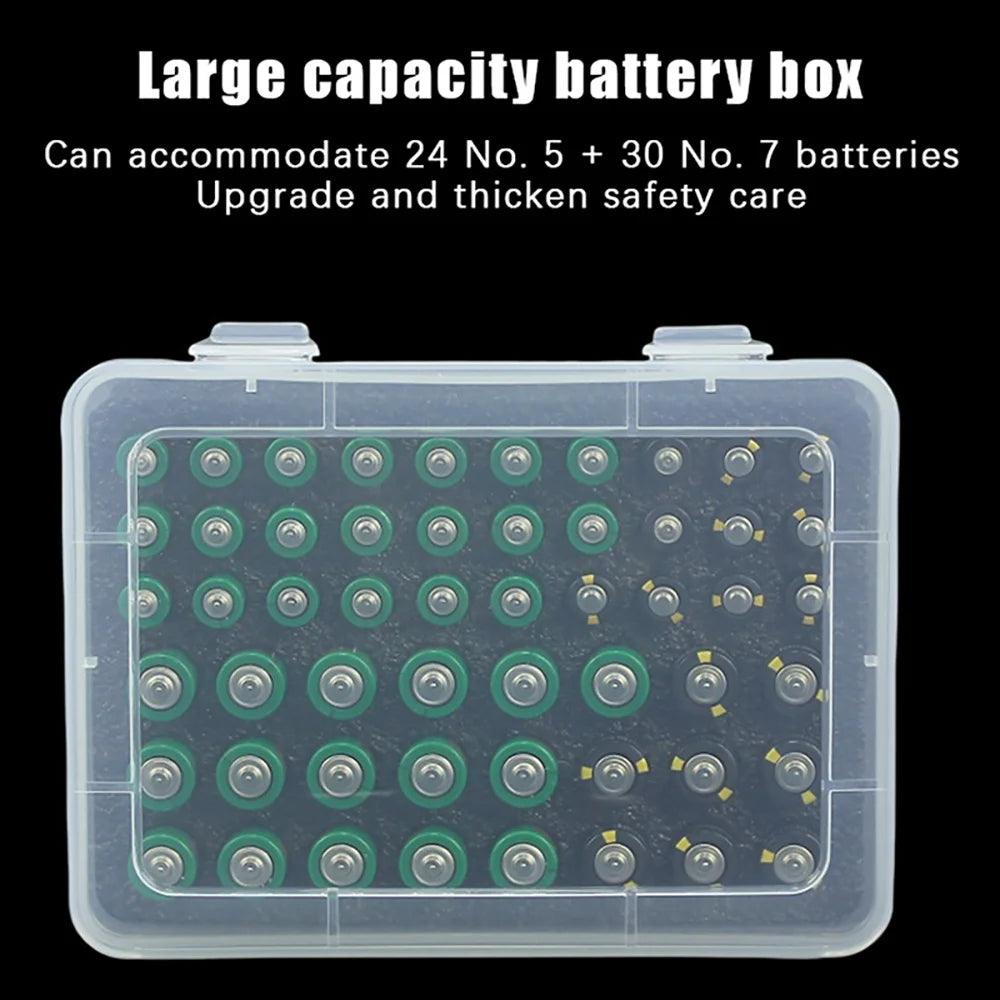 Top-down view of large capacity battery organizer box filled with AA and AAA batteries, foam insert in slots