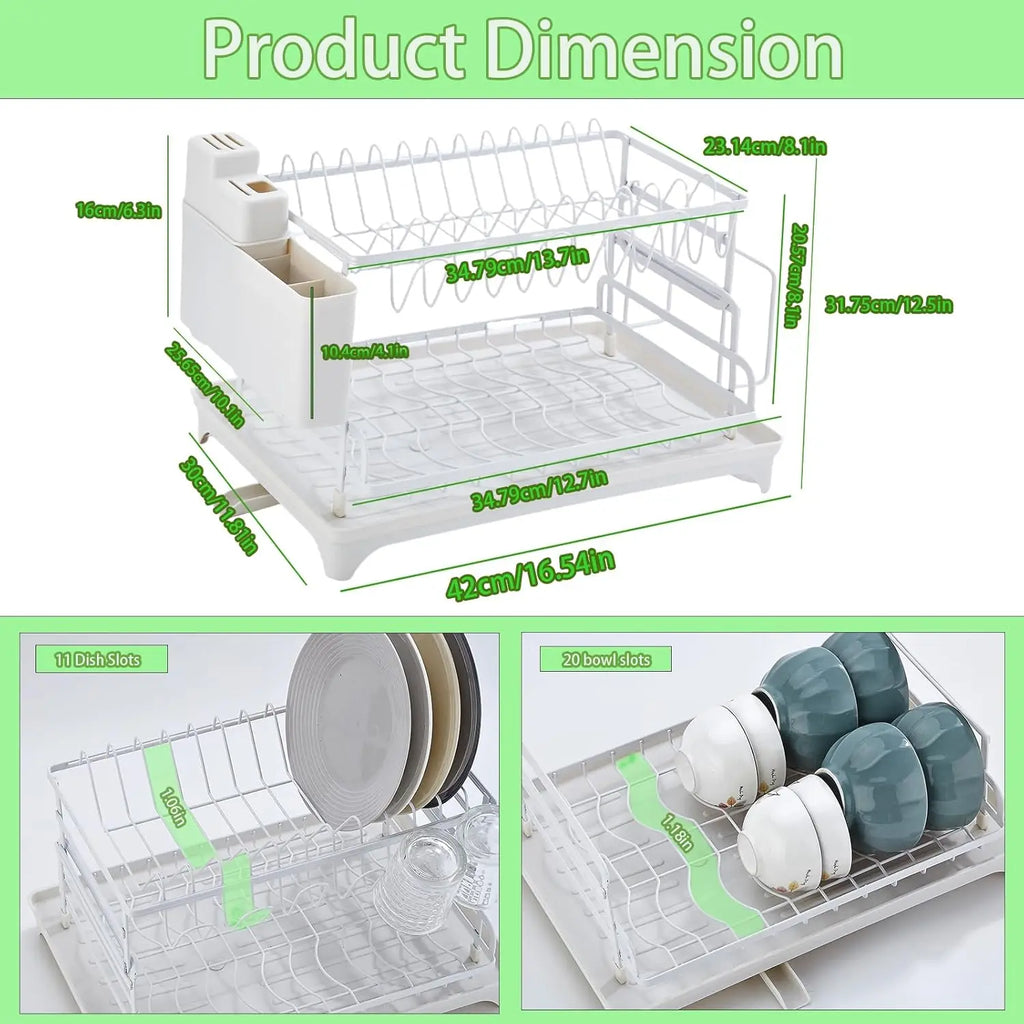 2-Tier Dish Drying Rack with Self-Draining Board for Kitchen Counter