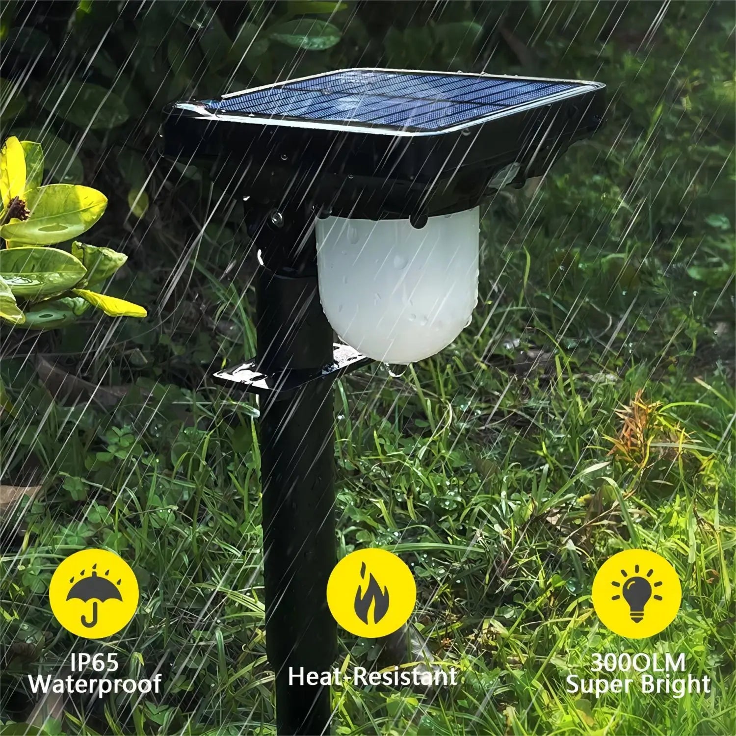 Solar pathway light in rain highlighting waterproof and heat resistant features