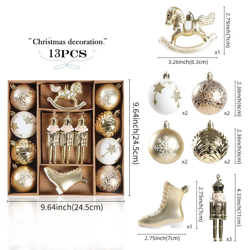 Gold and white 13-piece Christmas ornament set with rocking horse, nutcracker, boot, and assorted baubles displayed in box with size references