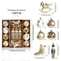 Gold and white 13-piece Christmas ornament set with rocking horse, nutcracker, boot, and assorted baubles displayed in box with size references
