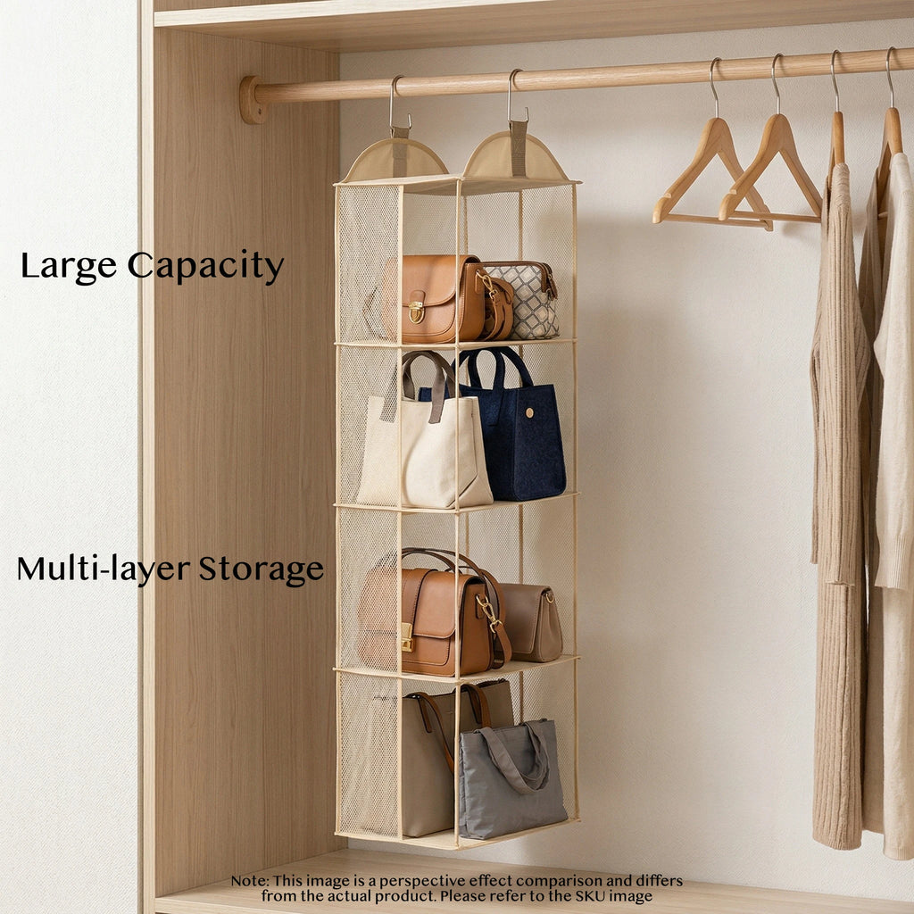 Beige multi-layer hanging purse organizer in a wooden wardrobe, shown holding multiple handbags; image includes text 'Large Capacity Multi-layer Storage'