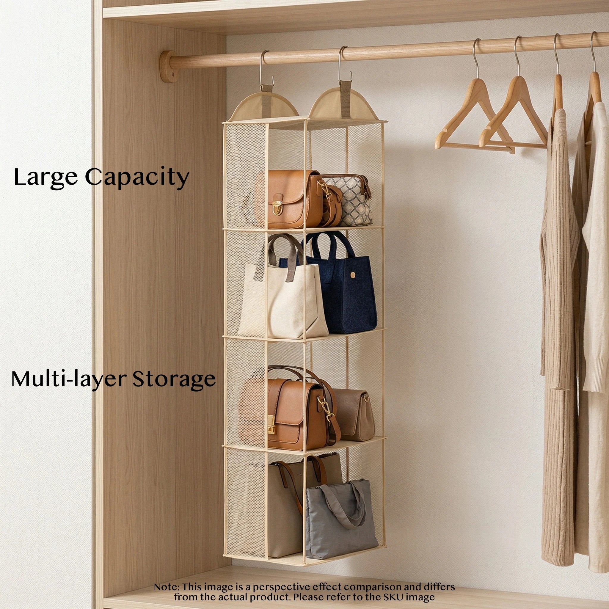 Beige multi-layer hanging purse organizer in a wooden wardrobe, shown holding multiple handbags; image includes text 'Large Capacity Multi-layer Storage'
