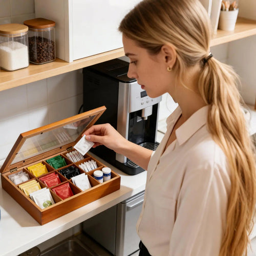 Person organizing assorted tea bags in a wooden tea box with clear lid at a coffee station