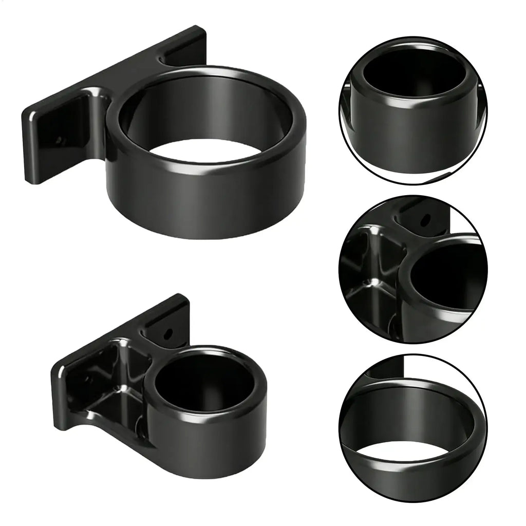 Close-up views of black plastic umbrella stand set showing both pieces