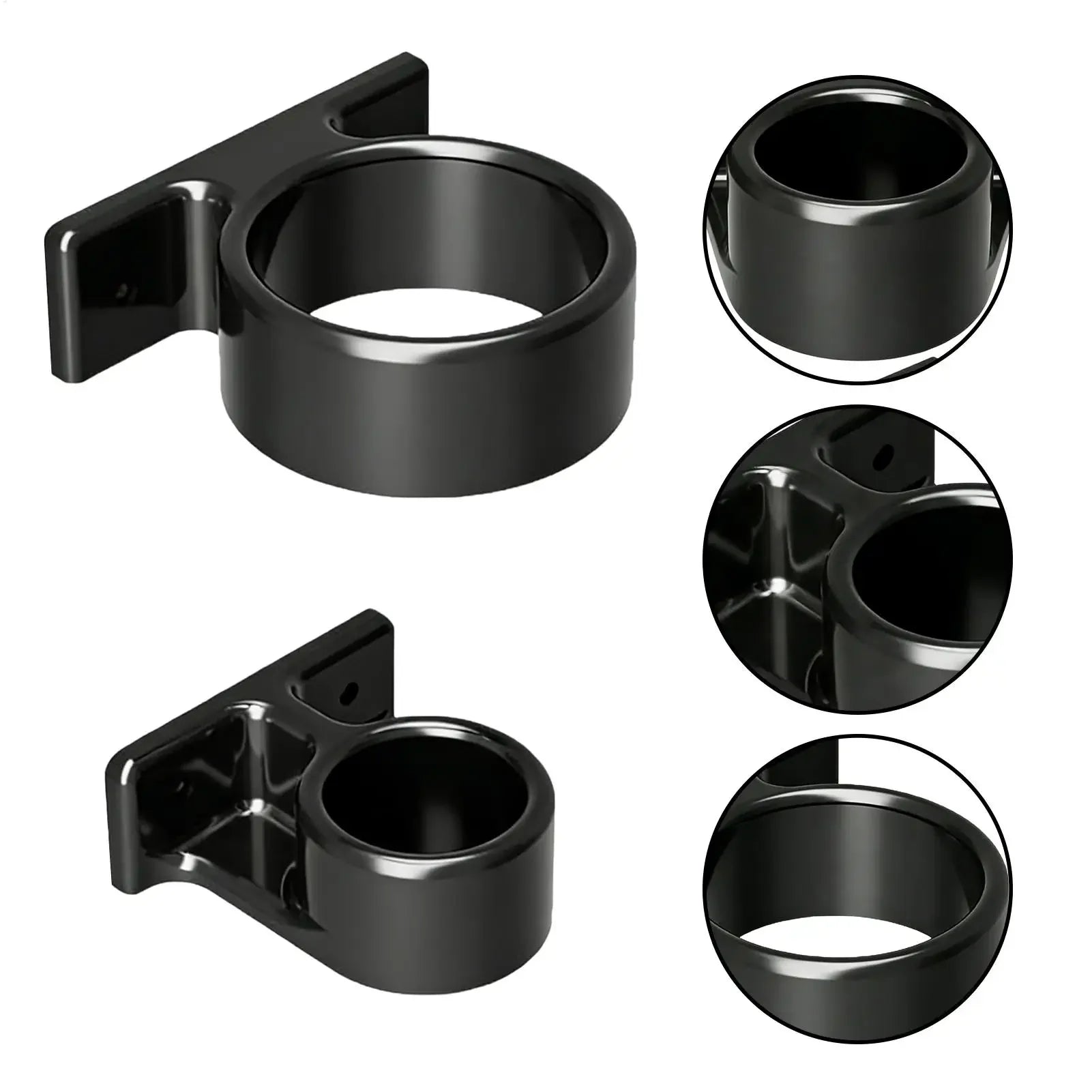 Close-up details of two black plastic wall-mounted umbrella holders