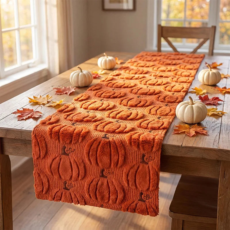 Harvest Pumpkin Knit Table Runner in Caramel or Beige for Cozy Fall Dining & Kitchen Decor