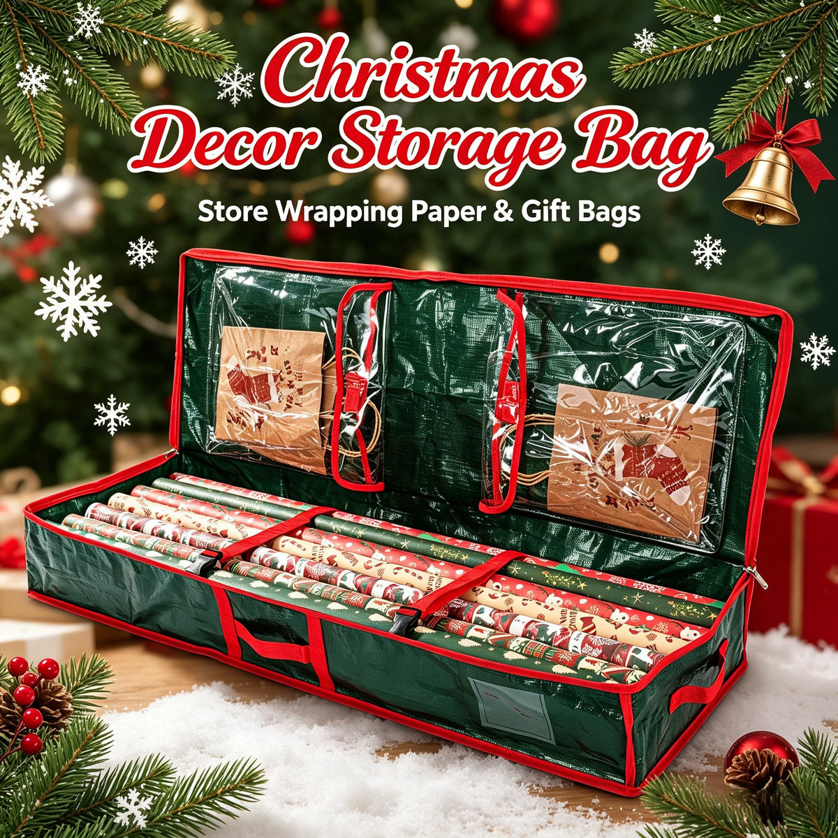 Festive green and red wrapping paper organizer bag filled with holiday gift wrap, ribbon, and bags on a snowy surface beside a decorated Christmas tree