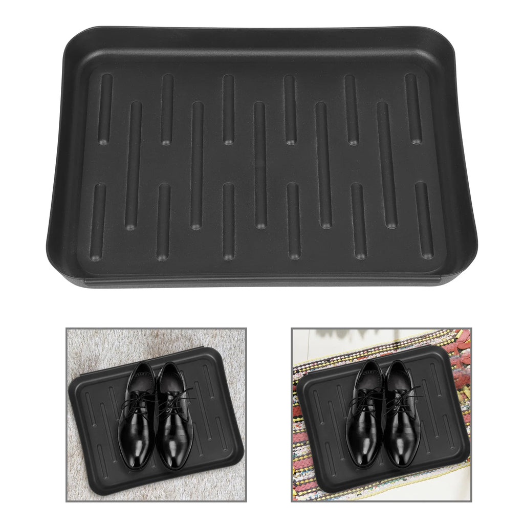 Black shoe tray with a pair of black dress shoes, shown in a closet and on a doormat