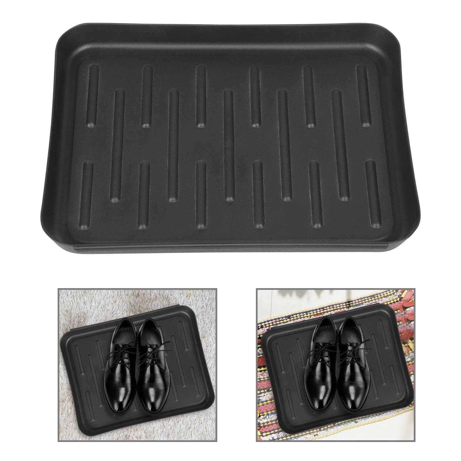 Black shoe tray with a pair of black dress shoes, shown in a closet and on a doormat