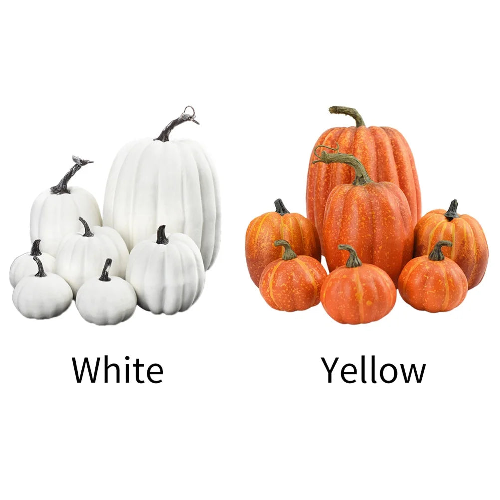 White and orange artificial pumpkin sets displayed side by side with color labels