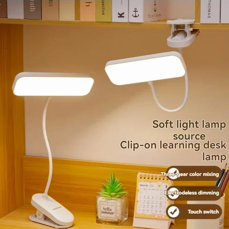 Clip-On LED Desk Lamp with Flexible Arm, Dimmable & USB Rechargeable