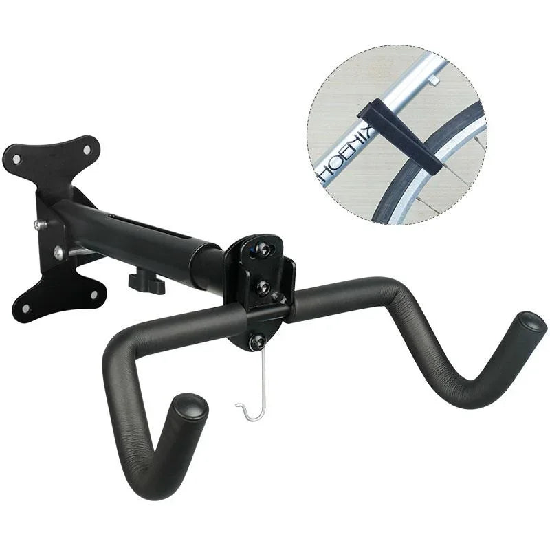 Adjustable foldable bike wall mount rack with protective coating, shown holding bike frame