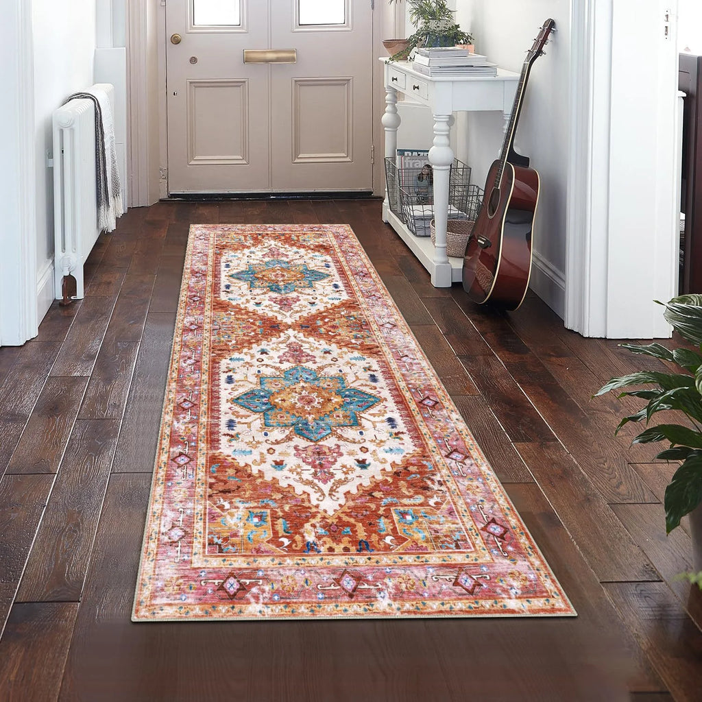 Multicolor medallion pattern runner rug styled by entryway door
