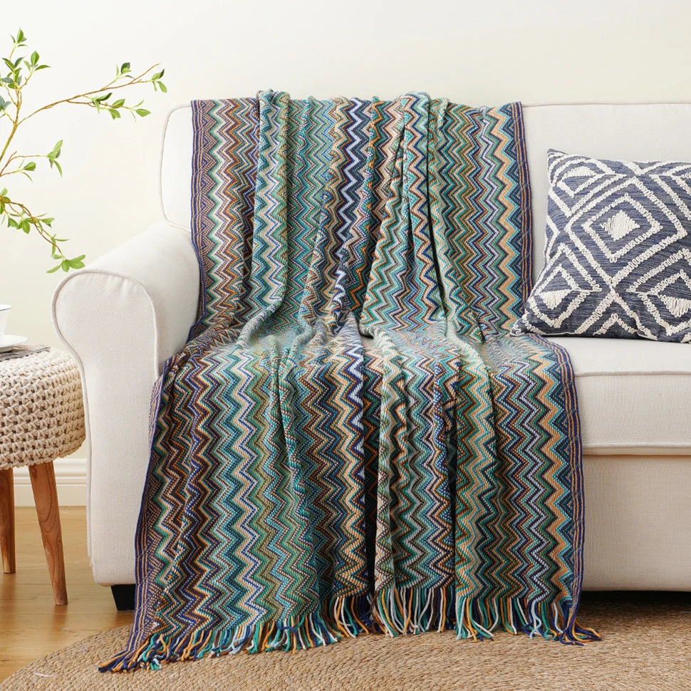 Boho Knit Throw Blanket with Tassels for Sofa or Bed