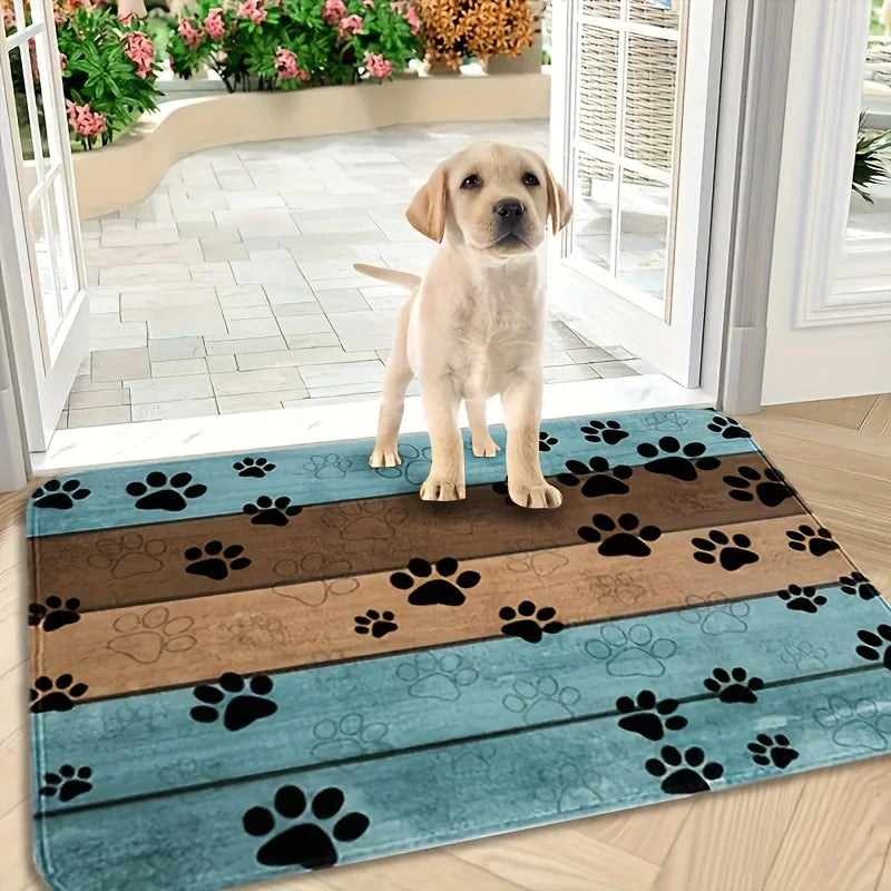 Dog standing on a rectangular paw print non-slip doormat at a home entryway