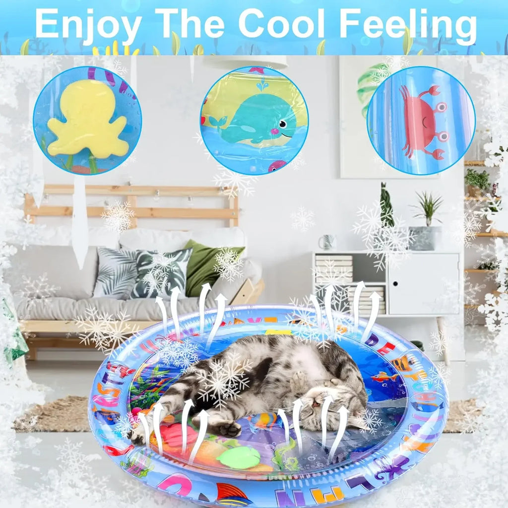cat lying on ocean-themed water mat in living room, with cooling sensory features highlighted