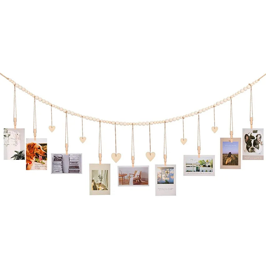 Willow Bead Garland Photo Display – Natural Wood Wall Hanging