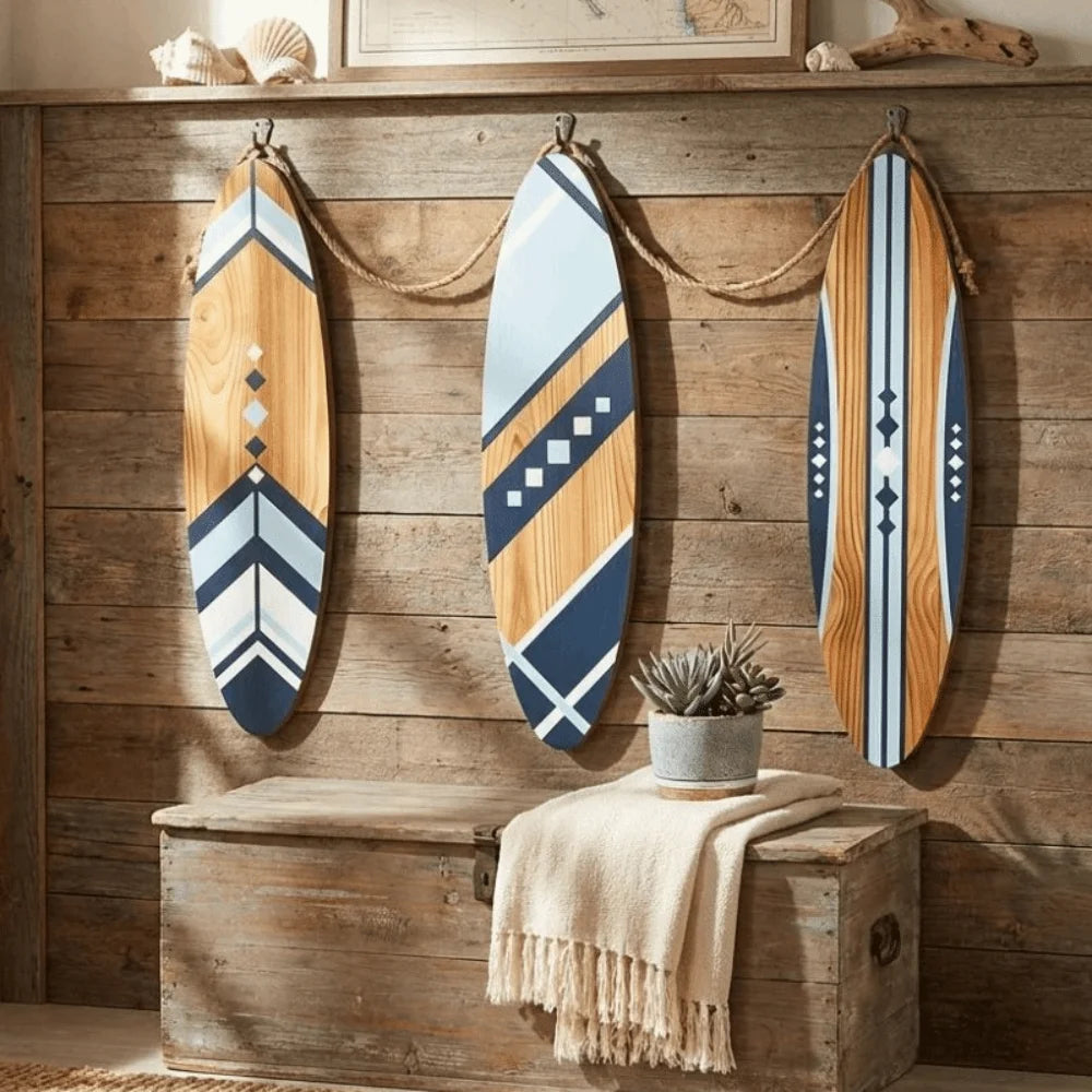 Wooden surfboard wall decor set of three displayed with rope on a rustic wooden wall above a storage chest in a coastal room.