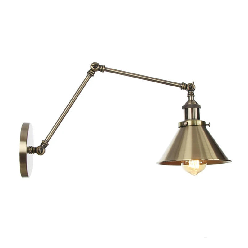 Vintage-style long arm wall sconce lamp in brushed brass finish