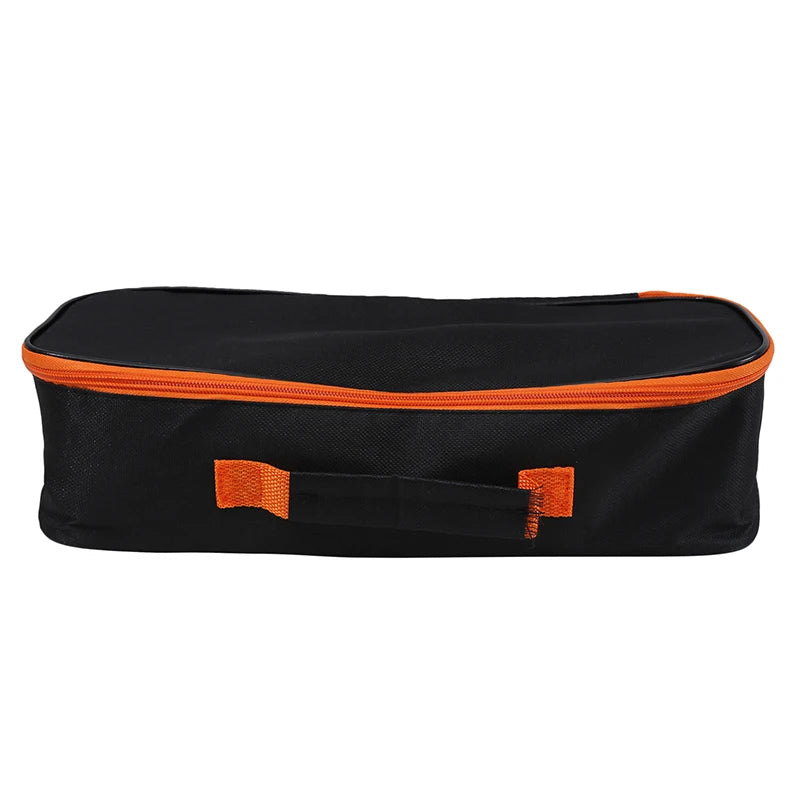 side view of black trunk organizer bag with orange accents