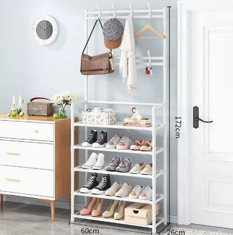 Metal Entryway Organizer Rack with 3–5 Shelves & 8 Hooks for Shoes, Coats, Hats, and Accessories