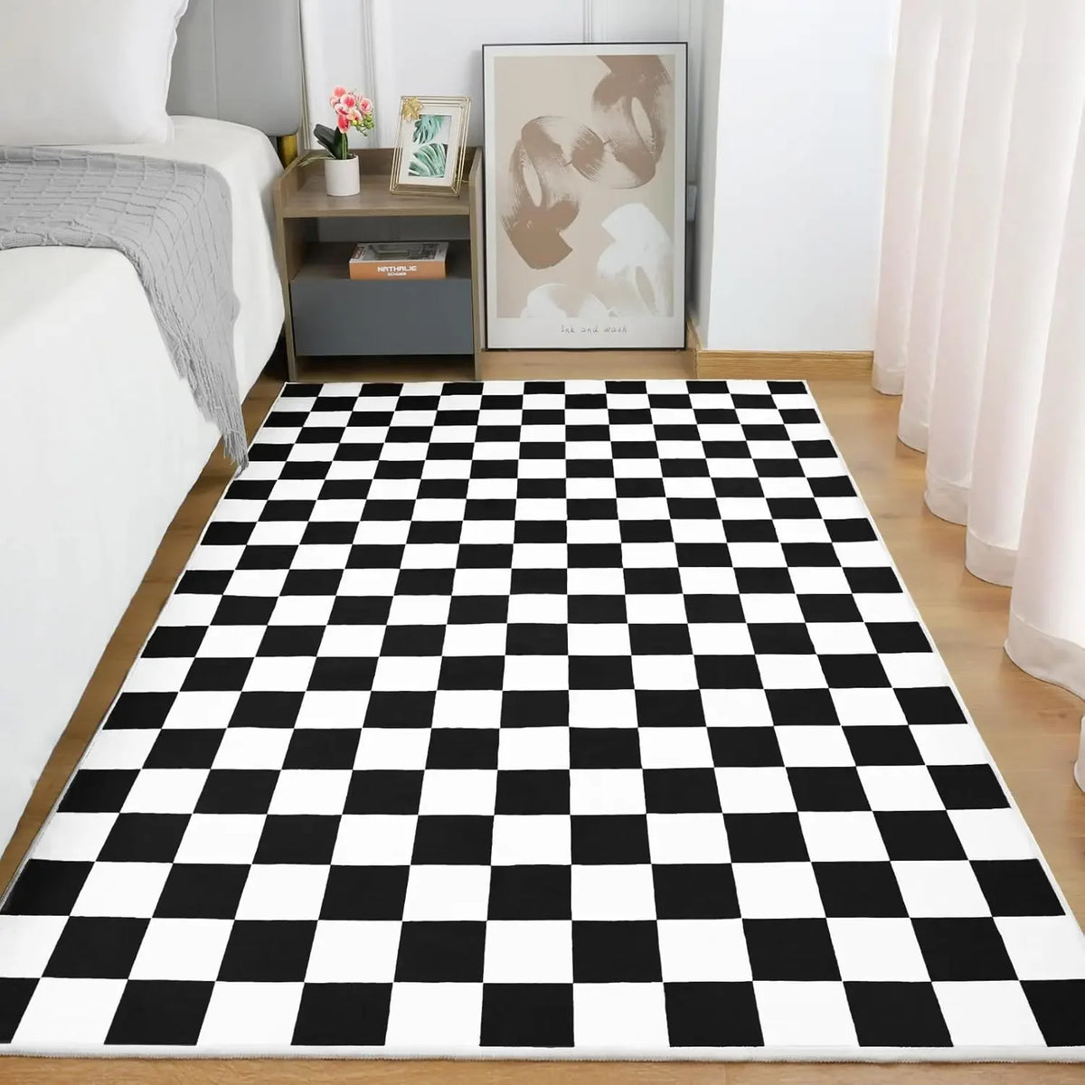 Washable Checkered Area Rug for Living Room, Bedroom, or Kitchen – Soft Low-Pile, Non-Slip Backing, Multiple Colors & Sizes
