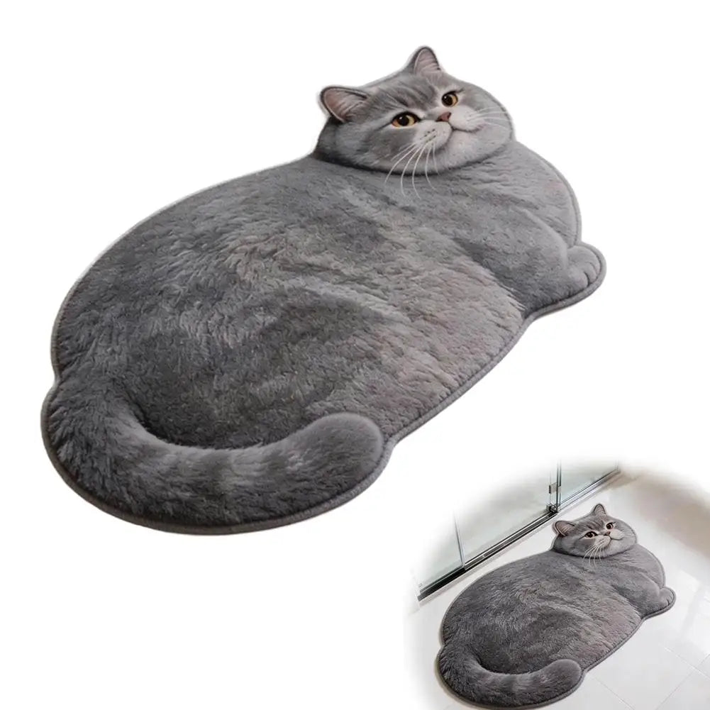 Grey cat shaped absorbent bath mat shown on white floor near shower