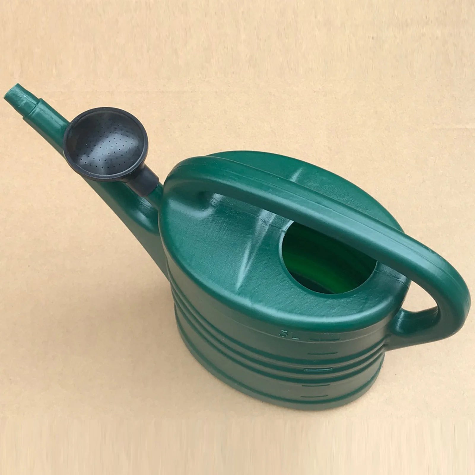 Top view of green 5L watering can with detachable sprinkle head