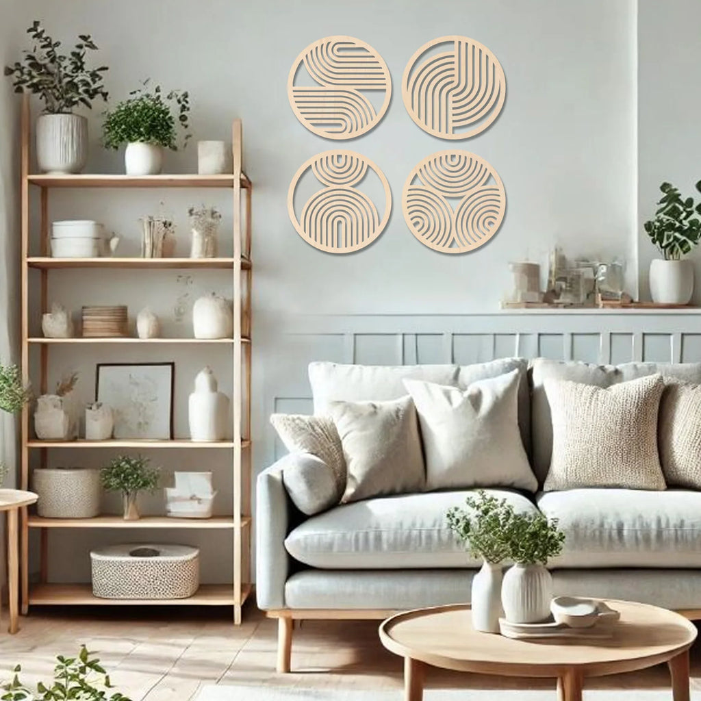 Set of four round wooden wall art panels with geometric patterns hanging above a neutral living room sofa.