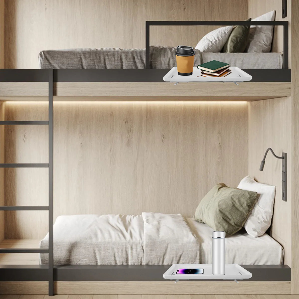 White clip-on bedside tray in use in a modern dorm bunk bed setting, with book and drink