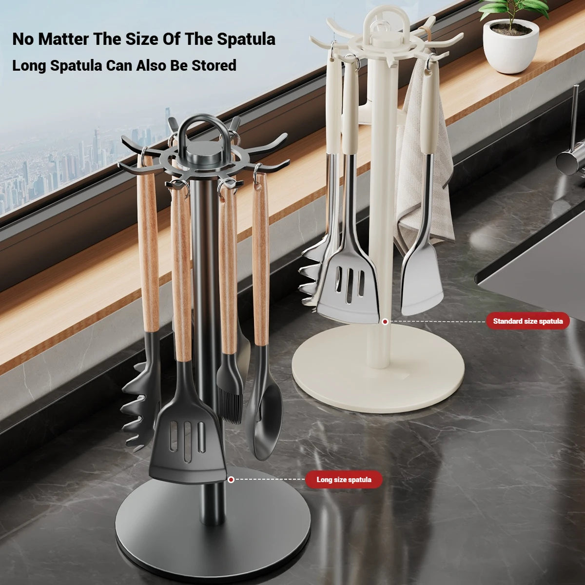 White and gun grey rotating utensil stands side by side on a kitchen counter, each displaying spatulas and kitchen utensils