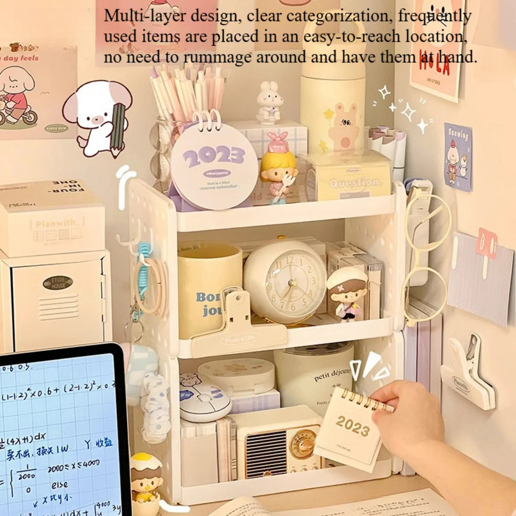 Close-up of pegboard organizer showing multi-layer storage and easy-access items on a desk