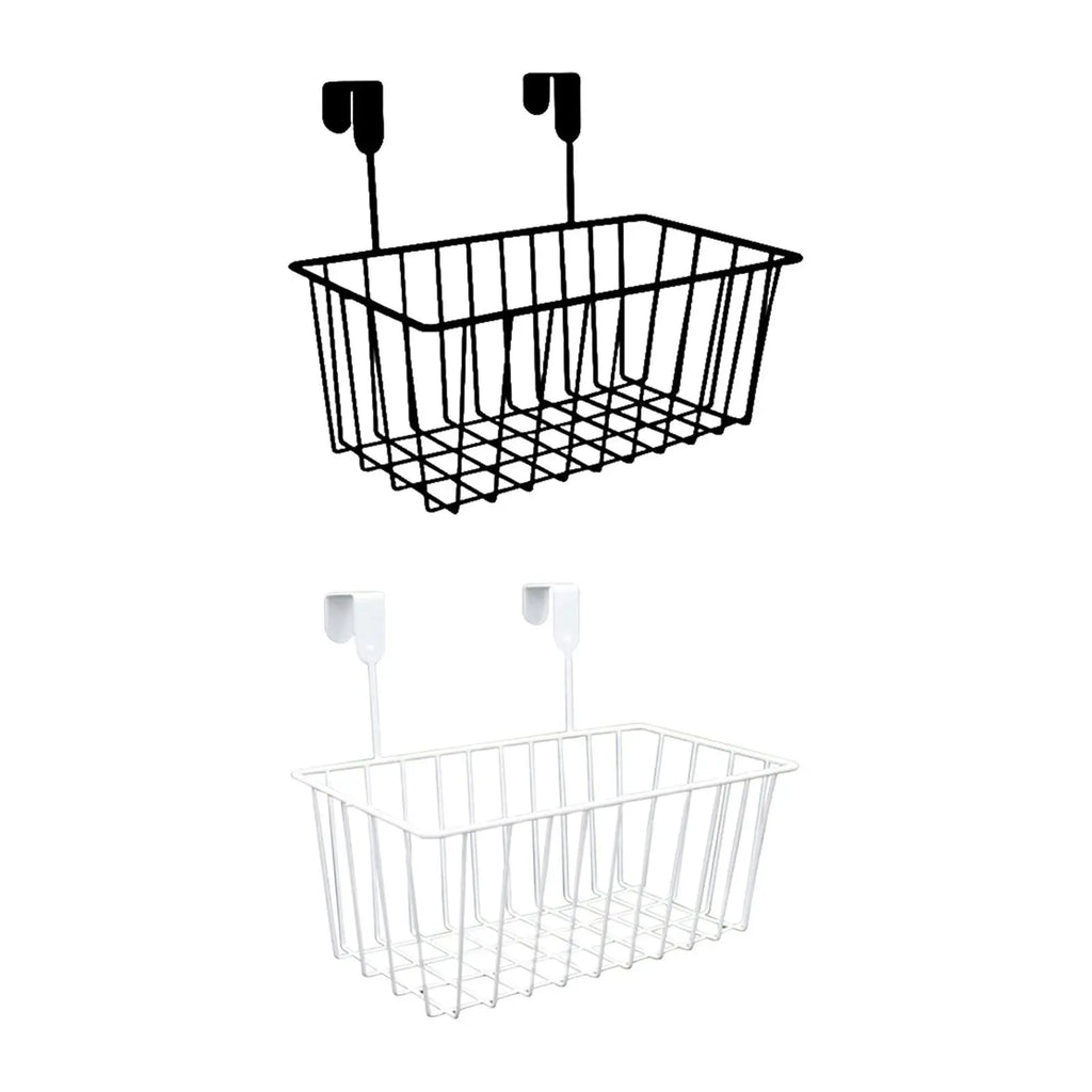 Black and white metal grid basket organizers on plain white background