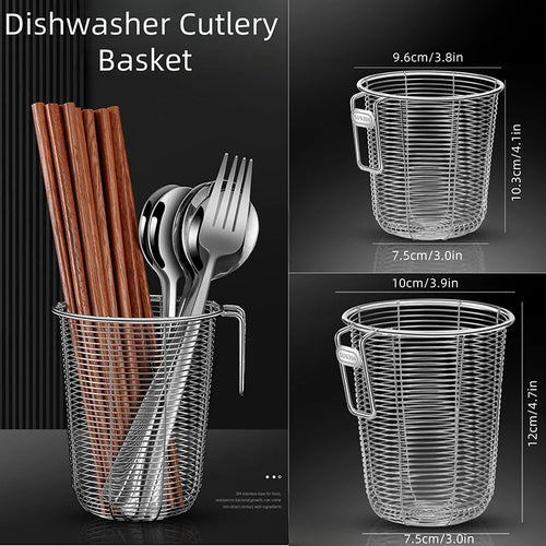 Dishwasher cutlery basket with sizing and utensil example, showing S and L mesh holder sizes for chopsticks and spoons