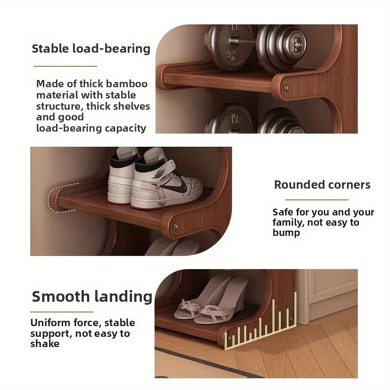Close-up of bamboo-style shoe rack showing stable shelves, rounded corners, and smooth base