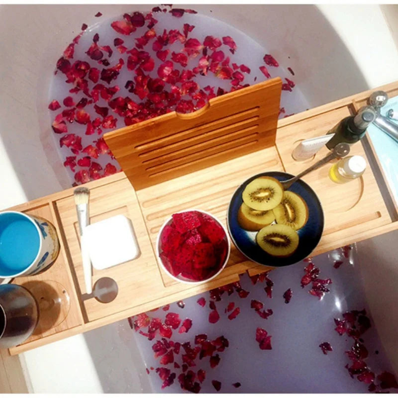 Extendable Bamboo Bath Tray with Tablet Stand & Storage for Relaxing Bathroom Organization