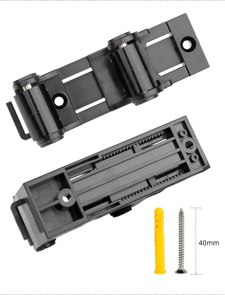 Top and underside view of black bike rack with included yellow wall anchor and screw for scale