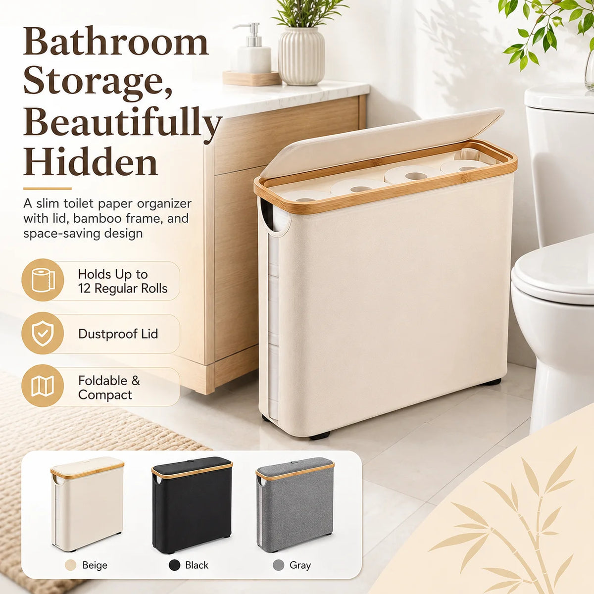three color options of slim bathroom storage bin—beige, black, and gray—displayed in a bright bathroom with description highlights