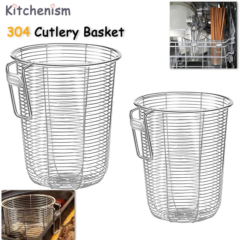 Two sizes of 304 stainless steel mesh chopstick and cutlery holder baskets with hook for kitchen or dishwasher use