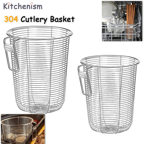 Two sizes of 304 stainless steel mesh chopstick and cutlery holder baskets with hook for kitchen or dishwasher use