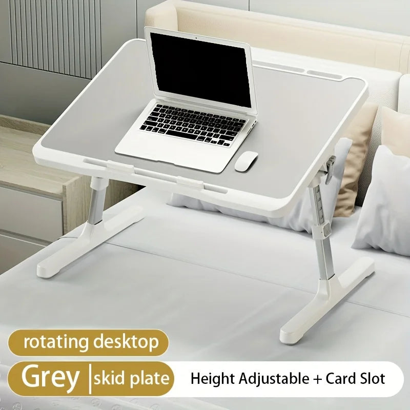 Gray adjustable lap desk on bed with height adjustment and rotation infographics