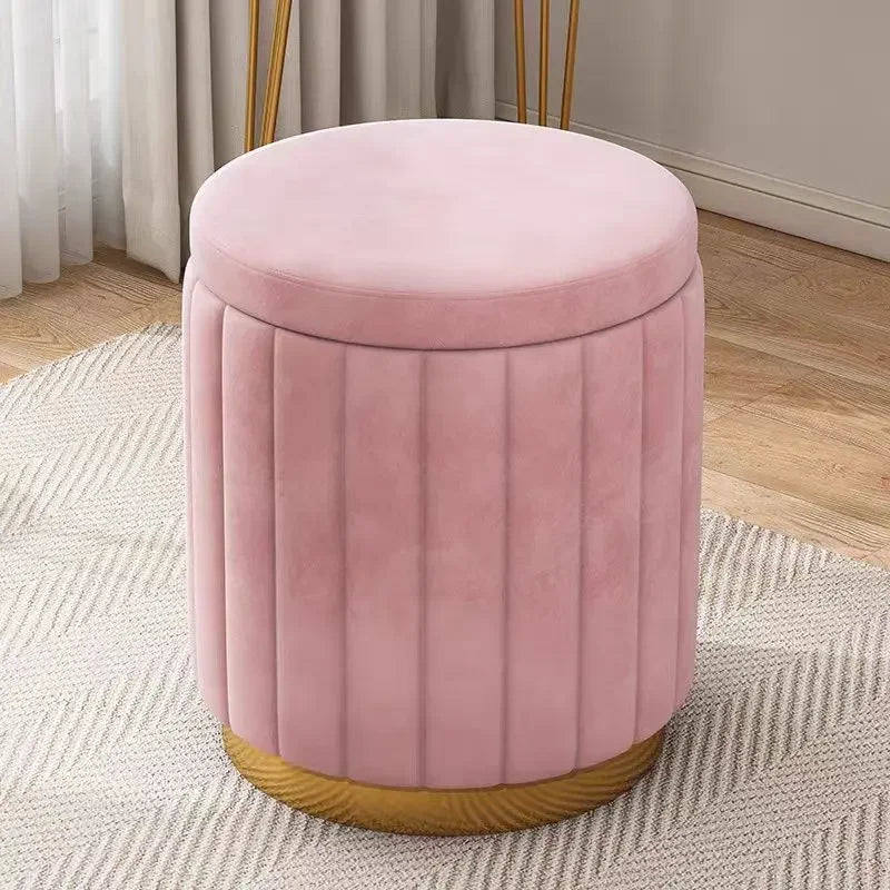 Round Upholstered Storage Stool for Bedroom or Vanity