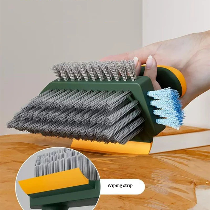 Close-up of crevice brush showing bristles, scraper edge, and blue corner brush