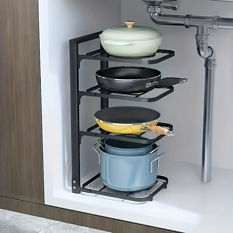 single 4-tier pot rack with cookware in kitchen cabinet