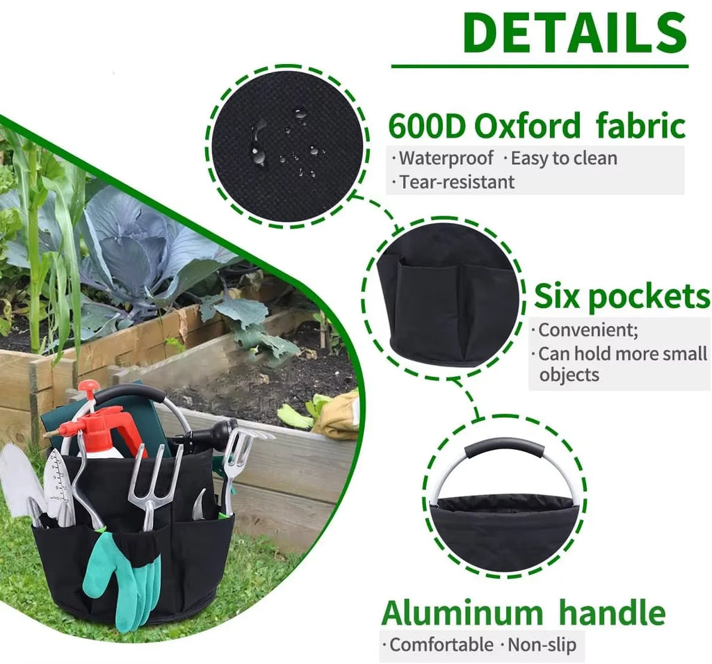 Detail images highlighting waterproof oxford fabric, six exterior pockets, and aluminum handle of the organizer