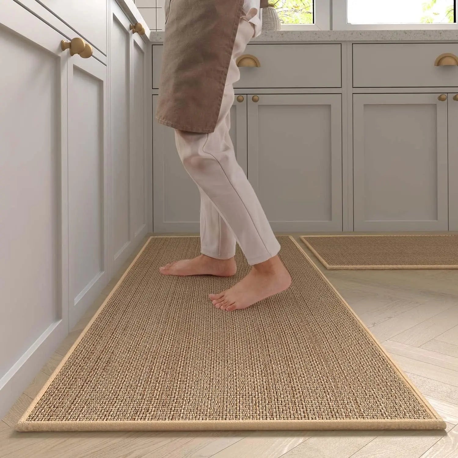 Washable Faux Sisal Kitchen Runner Rug with Non-Slip Rubber Backing – Plaid Woven Look, Brown or Grey, Multiple Sizes for Kitchen and