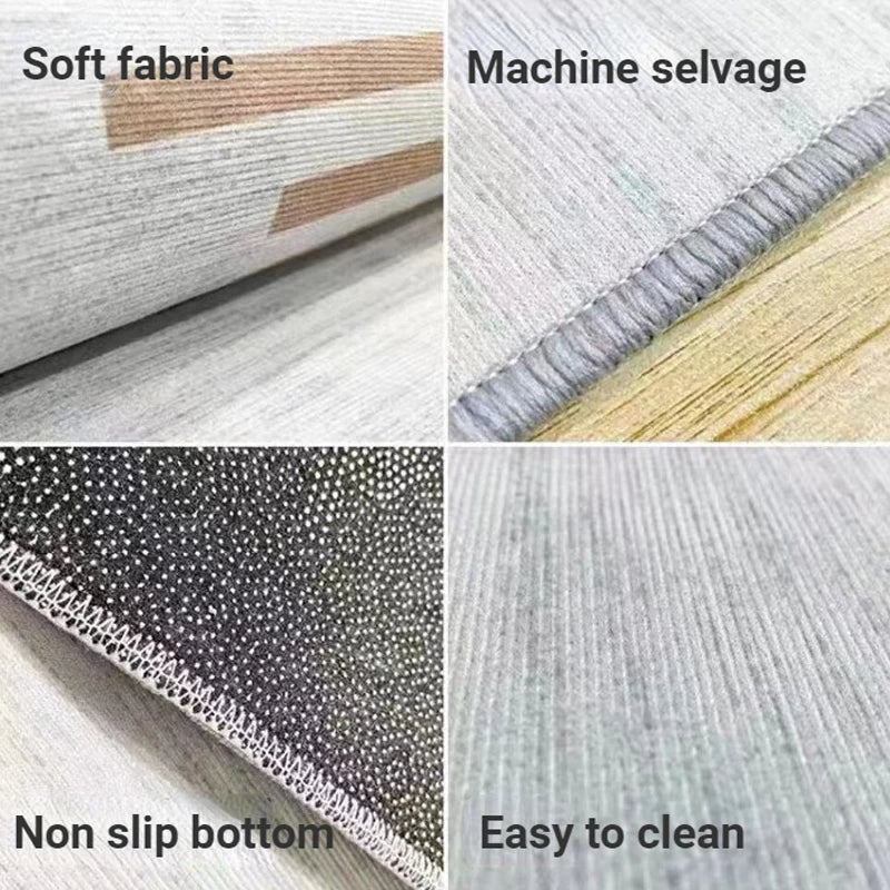 Close-up images showing soft fabric, machine edging, anti-slip bottom, and easy to clean surface