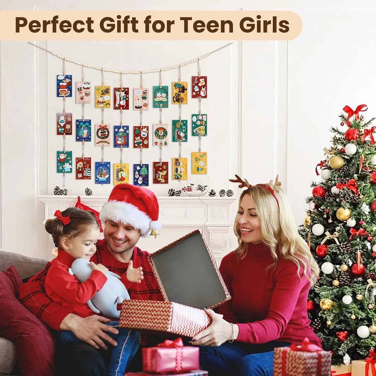 wood bead photo display with Christmas cards in a festive family room